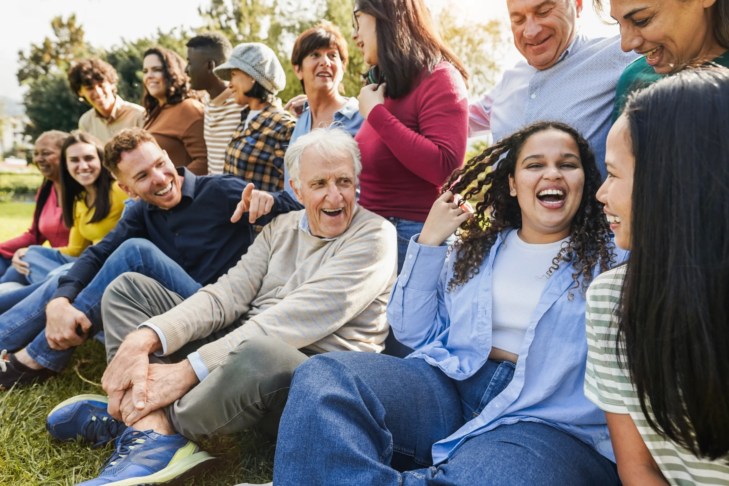A multigenerational, diverse group of friends